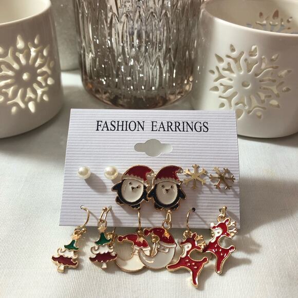 Collection of Christmas Winter Earrings Penguin Reindeer 6 pair - Picture 1 of 6